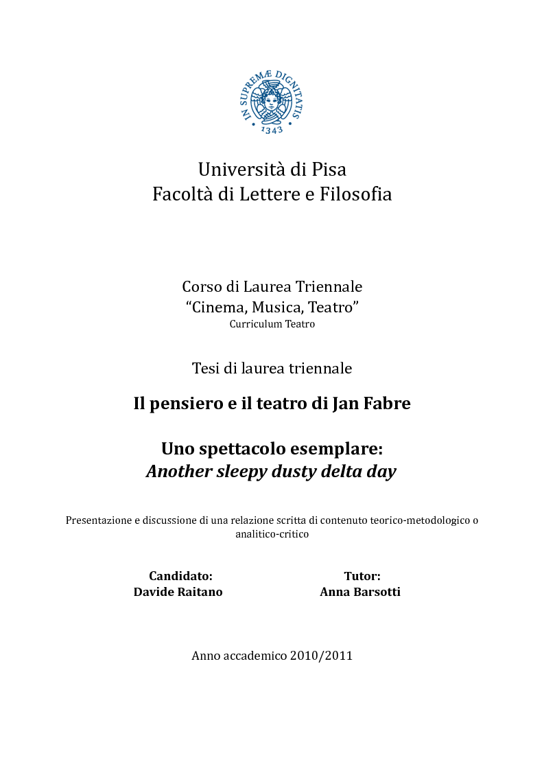 Anteprima della tesi: Il pensiero e il teatro di Jan Fabre, Pagina 1