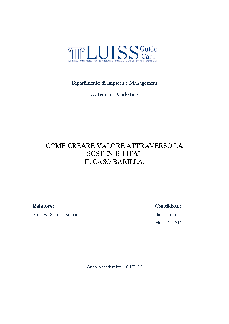 Anteprima della tesi: Come creare valore attraverso la sostenibilità. Il caso Barilla., Pagina 1
