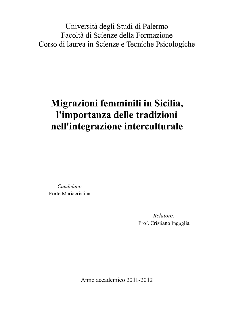 Anteprima della tesi: Migrazioni femminili in Sicilia, l'importanza delle tradizioni nell'integrazione interculturale, Pagina 1
