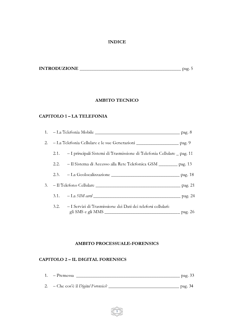 Indice della tesi: Problematiche informatico-giuridiche degli SMS e degli MMS, Pagina 1