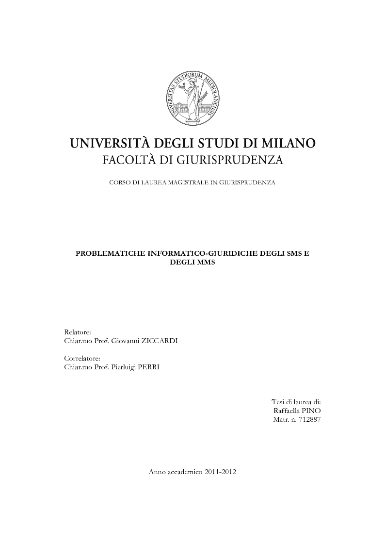 Anteprima della tesi: Problematiche informatico-giuridiche degli SMS e degli MMS, Pagina 1