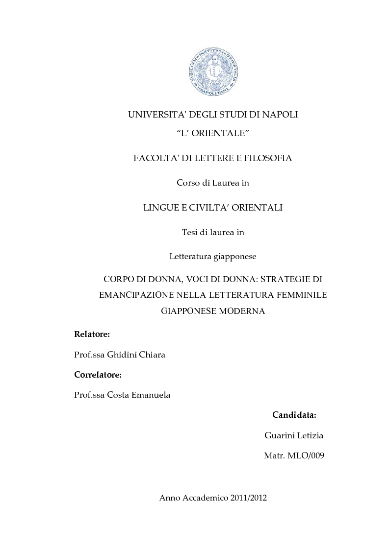 Anteprima della tesi: Corpo di donna, voci di donna. Strategie di emancipazione nella letteratura femminile giapponese moderna, Pagina 1