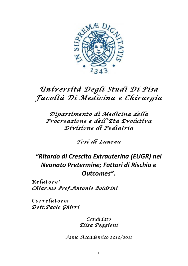 Anteprima della tesi: Ritardo di crescita Extrauterina (EUGR) nel neonato pretermine; fattori di rischio e outcomes., Pagina 1