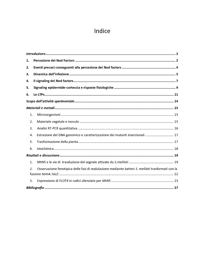 Indice della tesi: Coinvolgimento di MtN5 nella Trasduzione del Segnale nella Simbiosi Sinorhizobium meliloti – Medicago truncatula, Pagina 1