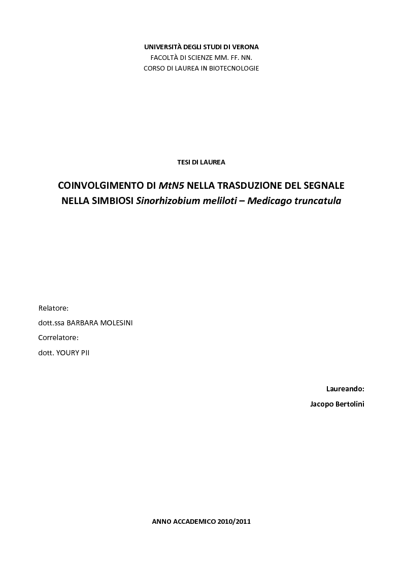 Anteprima della tesi: Coinvolgimento di MtN5 nella Trasduzione del Segnale nella Simbiosi Sinorhizobium meliloti – Medicago truncatula, Pagina 1