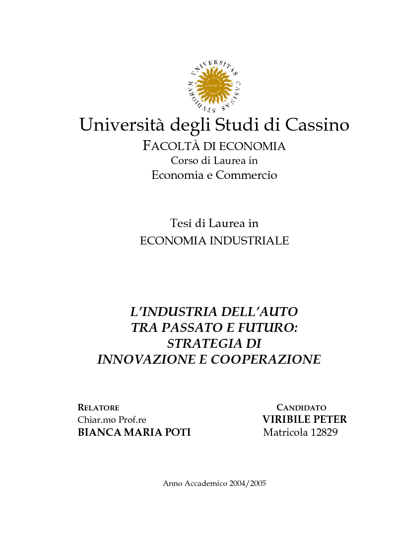 Anteprima della tesi: L'Industria dell'auto tra passato e futuro: strategia di innovazione e cooperazione, Pagina 1