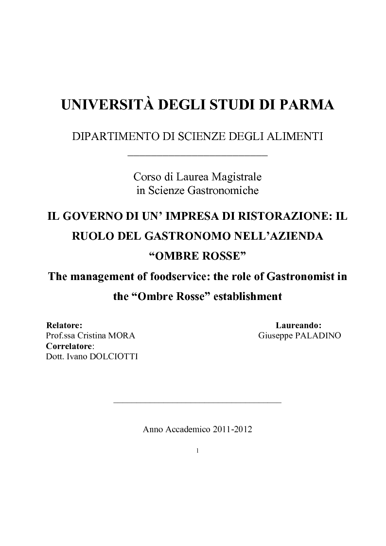Anteprima della tesi: IL governo di un'impresa di ristorazione: il ruolo del Gastronomo nell'azienda ''Ombre Rosse'', Pagina 1