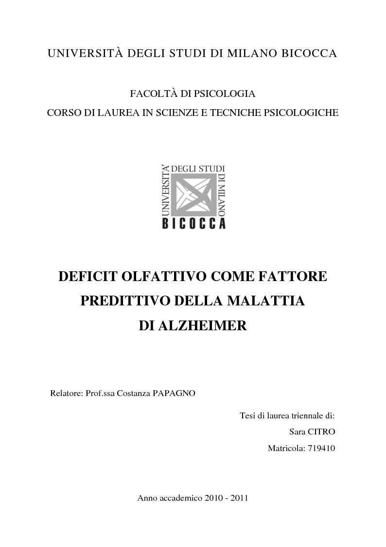 Anteprima della tesi: Deficit olfattivo come fattore predittivo della malattia di Alzheimer, Pagina 1