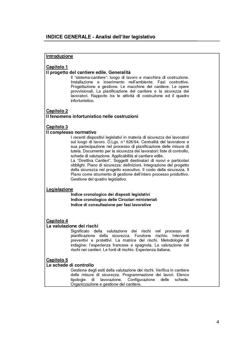 Indice della tesi: Il progetto della sicurezza nei cantieri edili. Analisi dell'iter legislativo e verifiche di fattibilità, Pagina 1