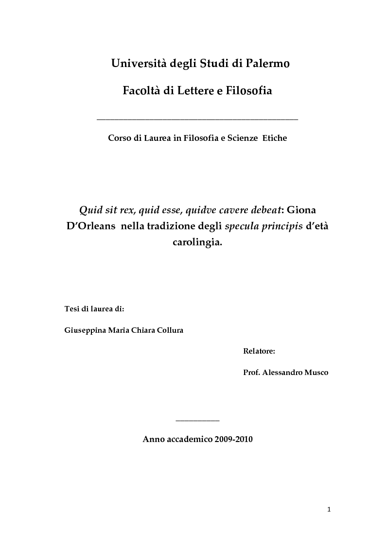 Anteprima della tesi: Giona D'Orleans nella tradizione degli specula principis d'età carolingia, Pagina 1