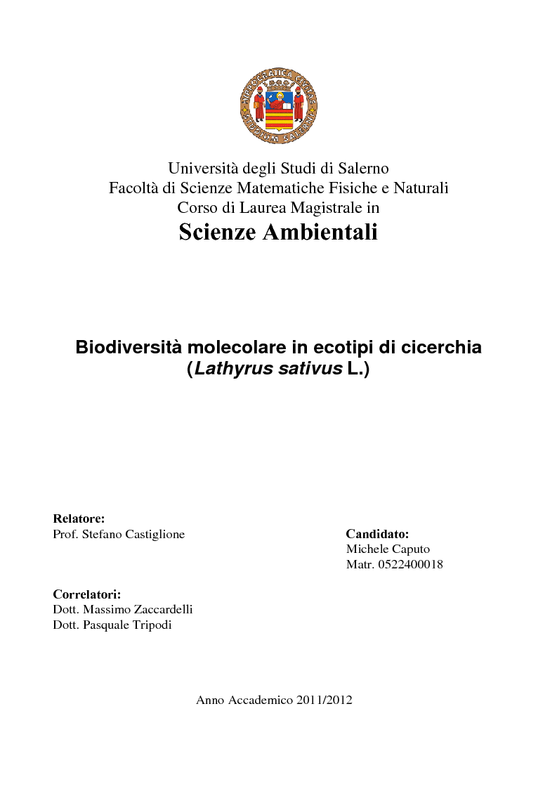 Anteprima della tesi: Biodiversità molecolare in ecotipi di cicerchia (Lathyrus sativus L.), Pagina 1