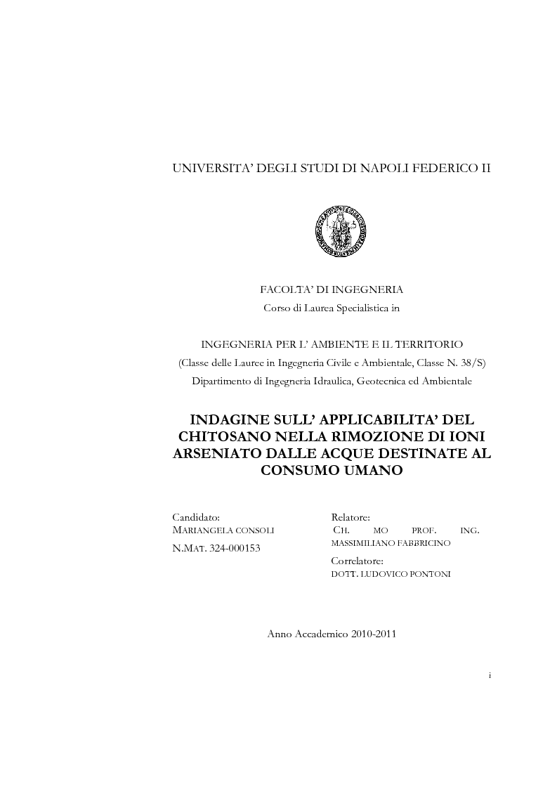 Anteprima della tesi: Indagine sull'applicabilità del chitosano nella rimozione di ioni arseniato dalle acque destinate al consumo umano, Pagina 1