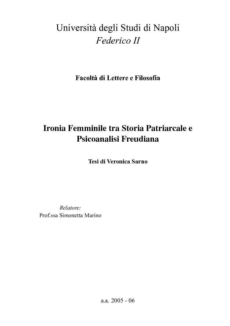 Anteprima della tesi: Ironia Femminile tra Storia Patriarcale e Psicoanalisi Freudiana, Pagina 1
