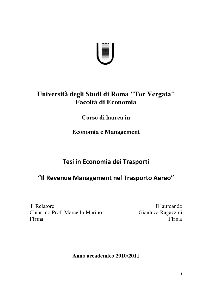 Anteprima della tesi: Il Revenue Management Nel Trasporto Aereo, Pagina 1