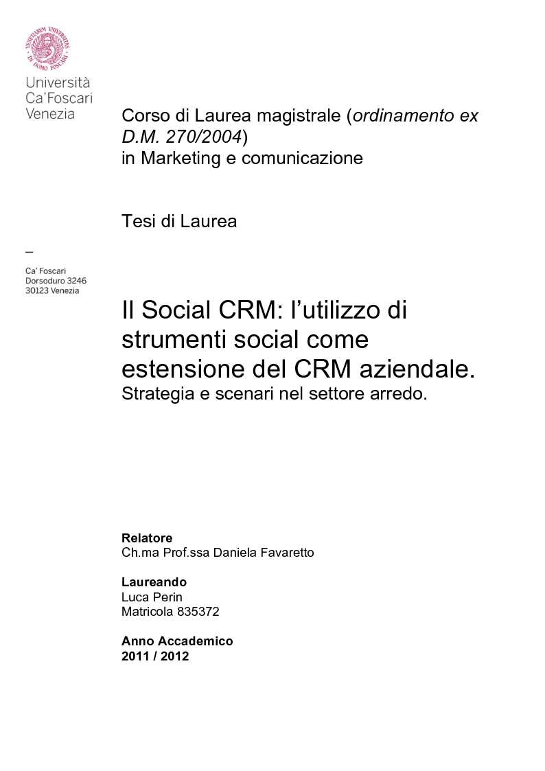 Anteprima della tesi: Social CRM: l'utilizzo di strumenti social come estensione del CRM aziendale. Strategie e scenari nel settore arredo., Pagina 1