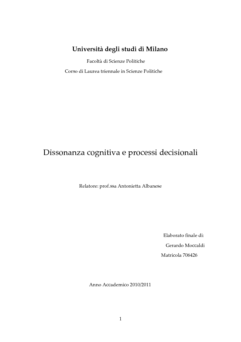Anteprima della tesi: Dissonanza Cognitiva e Processi Decisionali, Pagina 1