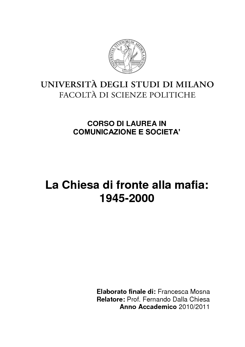 Anteprima della tesi: La Chiesa di fronte alla mafia: 1945-2000, Pagina 1