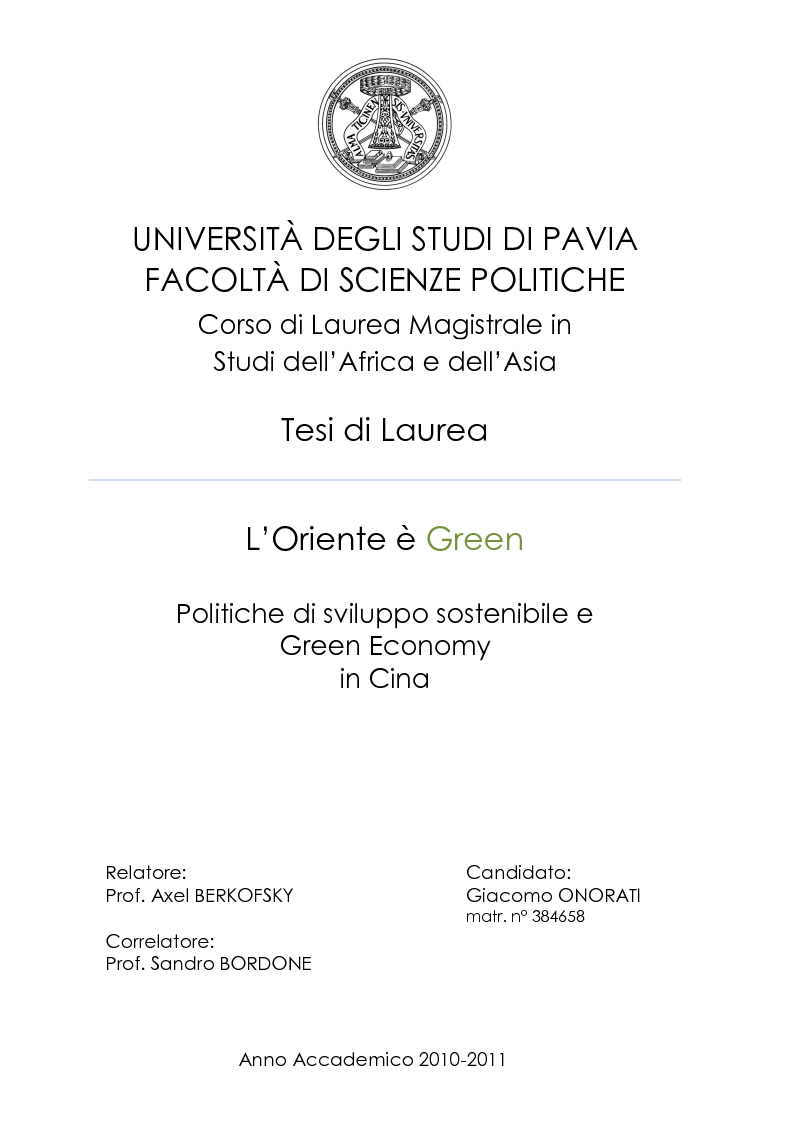Anteprima della tesi: L'Oriente è Green - Politiche di sviluppo sostenibile e Green Economy in Cina, Pagina 1