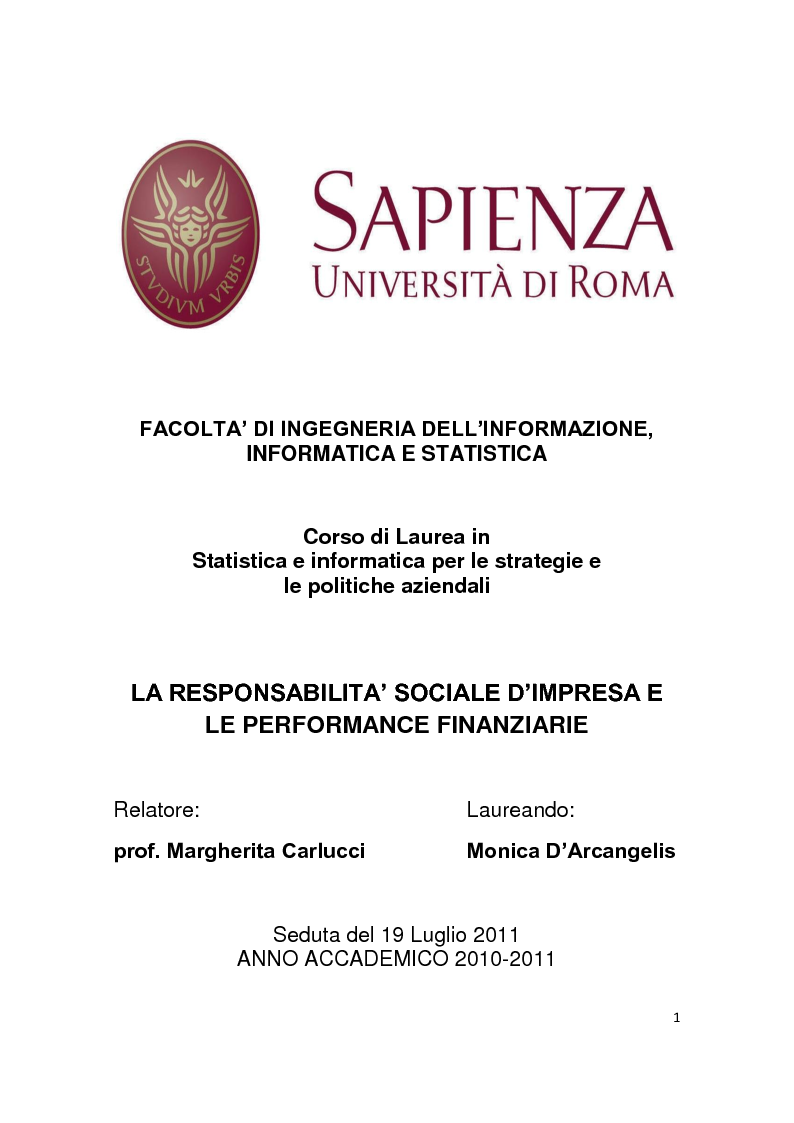 Anteprima della tesi: La Responsabilità sociale d'impresa e le performance finanziarie, Pagina 1