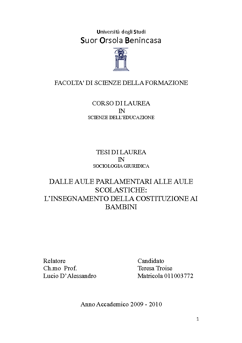 Anteprima della tesi: Dalle aule parlamentari alle aule scolastiche: l'insegnamento della Costituzione ai bambini, Pagina 1