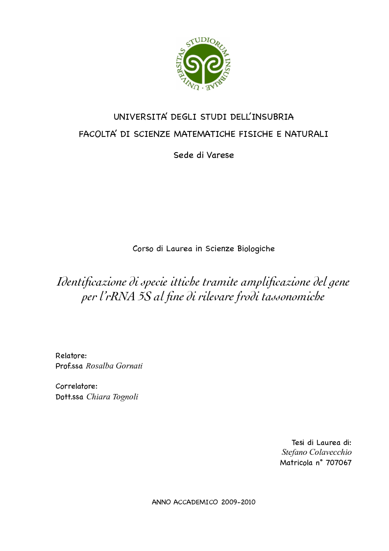 Anteprima della tesi: Identificazione di specie ittiche tramite amplificazione del gene per l'rRNA 5S al fine di rilevare frodi tassonomiche, Pagina 1