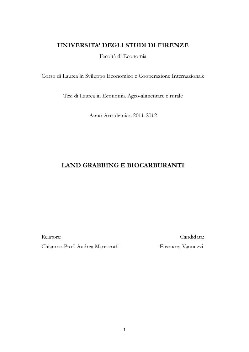 Anteprima della tesi: Land Grabbing e biocarburanti, Pagina 1