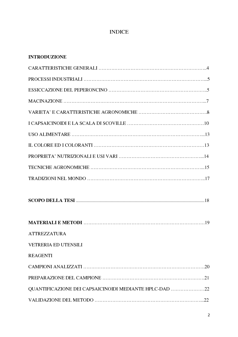 Indice della tesi: Effetto dei Processi Industriali sul Contenuto in Capsaicinoidi di Peperoncini coltivati in Emilia Romagna, Pagina 1