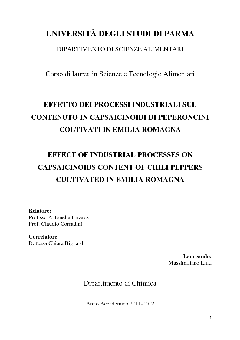 Anteprima della tesi: Effetto dei Processi Industriali sul Contenuto in Capsaicinoidi di Peperoncini coltivati in Emilia Romagna, Pagina 1
