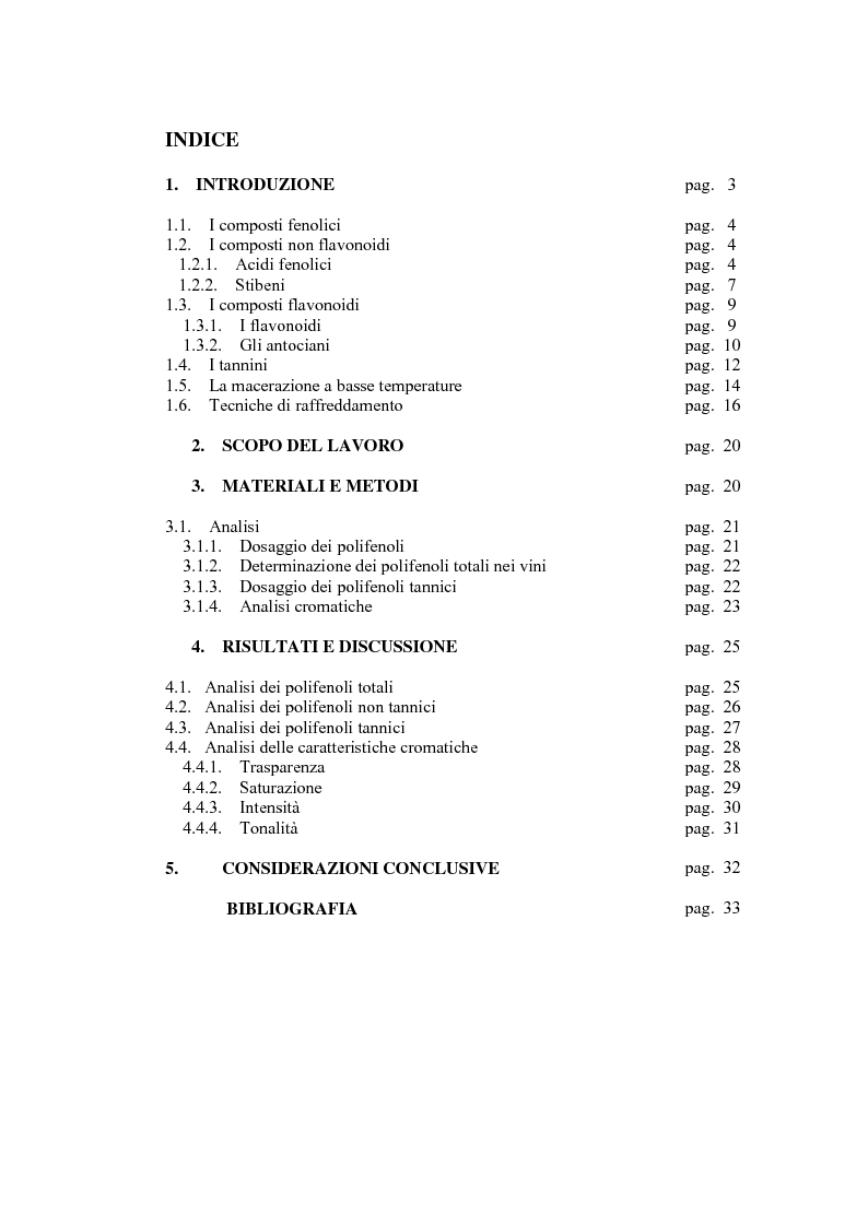 Indice della tesi: Influenza delle temperature su alcune caratteristiche compositive e cromatiche del Cannonau, Pagina 1