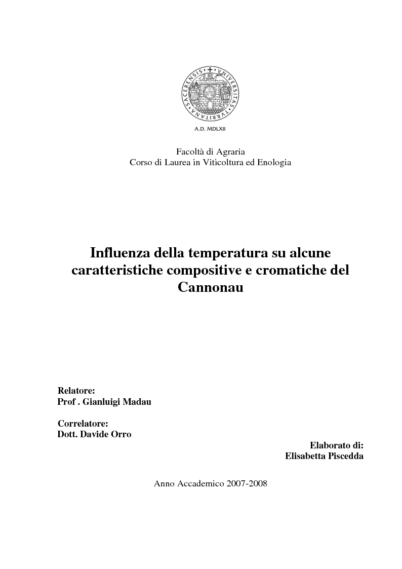 Anteprima della tesi: Influenza delle temperature su alcune caratteristiche compositive e cromatiche del Cannonau, Pagina 1