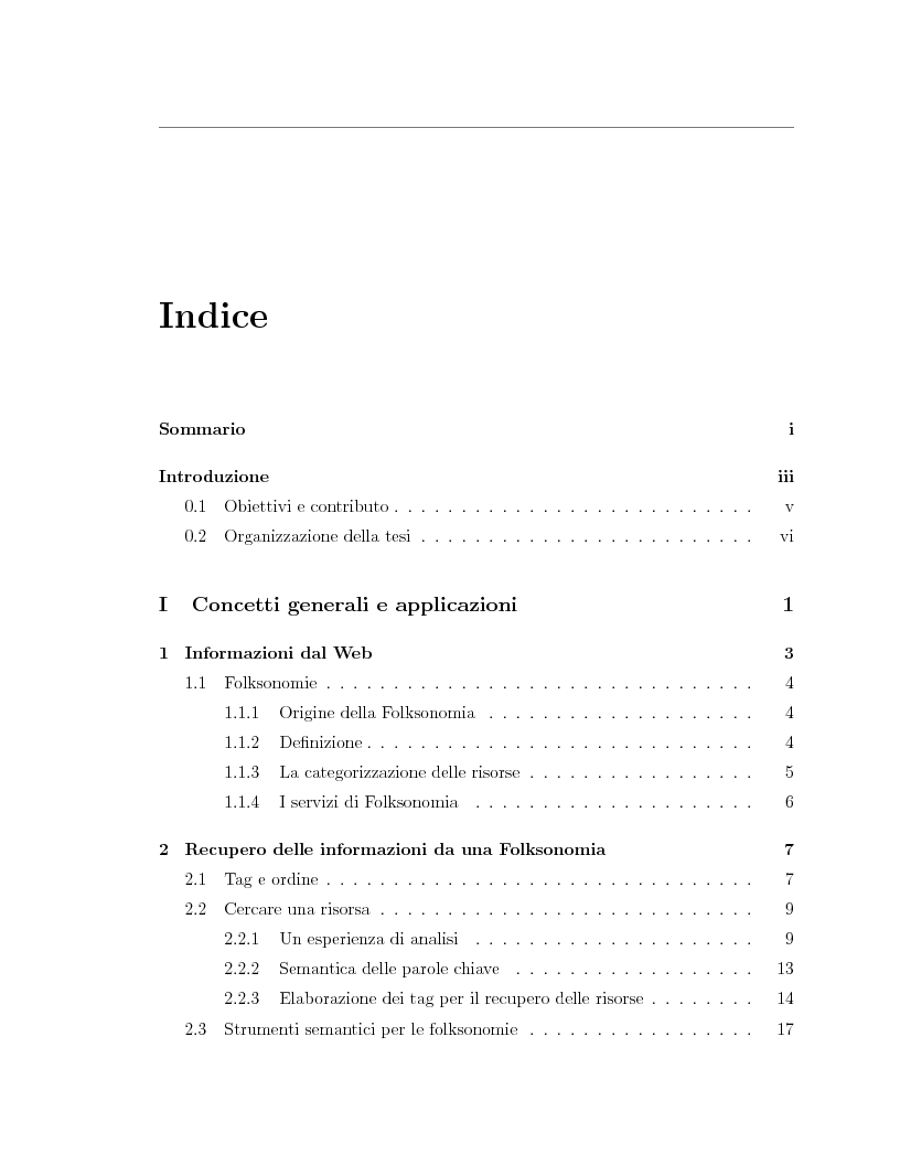 Indice della tesi: Un framework per lo sviluppo di applicazioni integrate di folksonomie e tecniche semantiche, Pagina 1