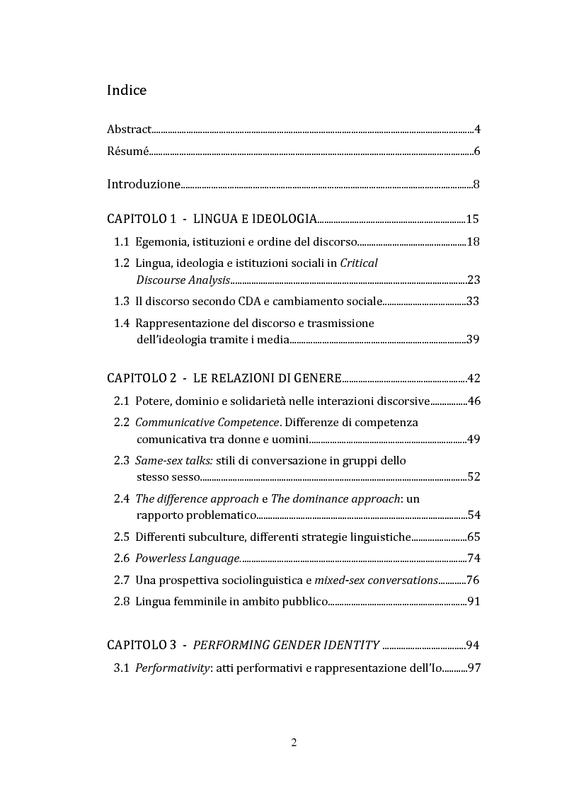 Indice della tesi: Lingua, Genere e Identità, Pagina 1