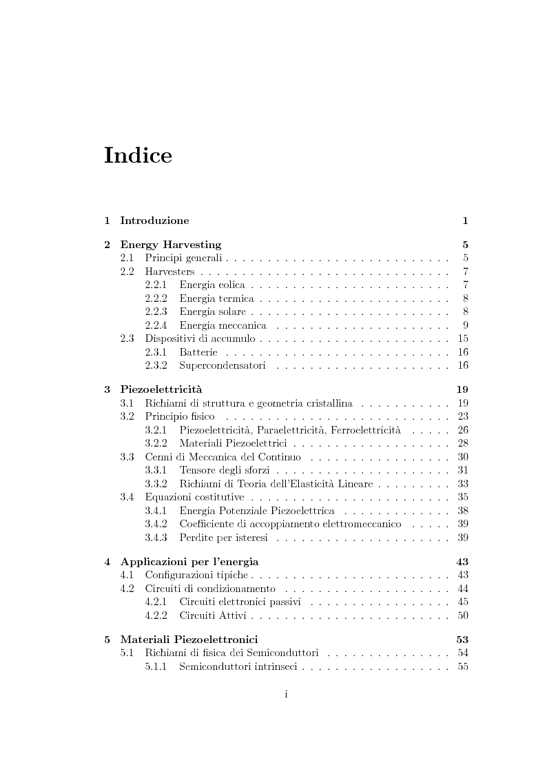 Indice della tesi: Energy Harvesting mediante materiali piezoelettrici, Pagina 1