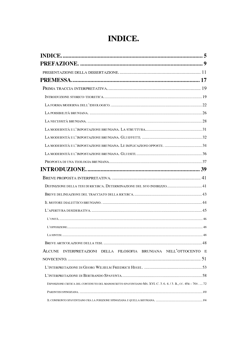 Indice della tesi: Il concetto creativo e dialettico dello "Spirito" nei "Dialoghi Italiani" di Giordano Bruno, Pagina 1
