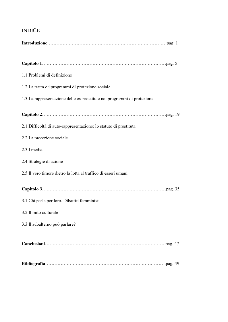 Indice della tesi: Clandestine, innocenti e silenziose. Rappresentazioni vecchie e nuove della prostituzione e dei suoi agenti, Pagina 1