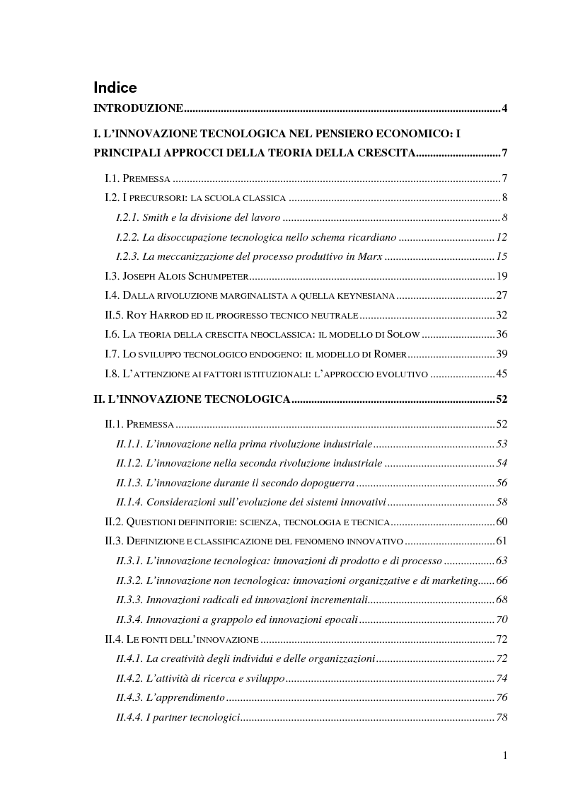 Indice della tesi: Oltre la crescita: innovazione e Parchi scientifici e tecnologici, Pagina 1