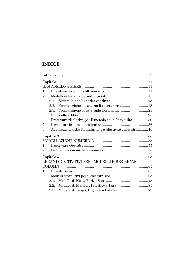 Indice della tesi: Comportamento non lineare di strutture in cemento armato: analisi numerica con modelli a fibre e prove sperimentali su elementi strutturali, Pagina 1