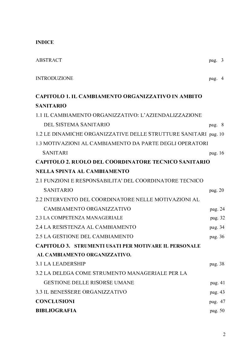 Indice della tesi: Ruolo del coordinatore tecnico sanitario nella motivazione del personale al cambiamento organizzativo, Pagina 1