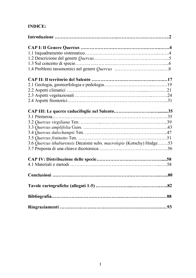 Indice della tesi: Studio sulla distribuzione delle querce caducifoglie nel Salento (Quercus amplifolia Guss.; Q. dalechampii Ten.; Q. frainetto Ten.; Q. virgiliana Ten.; Q. ithaburensis supsp. macrolepis Kotschy), Pagina 1