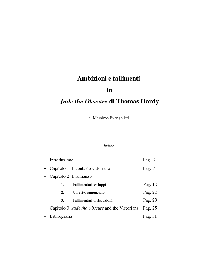 Indice della tesi: Ambizioni e fallimenti in "Jude the Obscure" di Thomas Hardy, Pagina 1