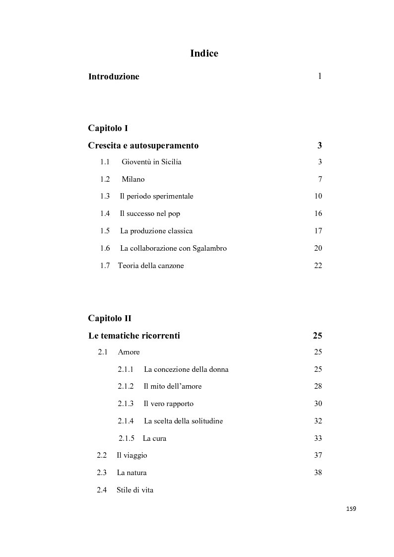 Indice della tesi: “L’aquila non vola a stormi” L’arte di Franco Battiato tra Oriente e Occidente, Pagina 1