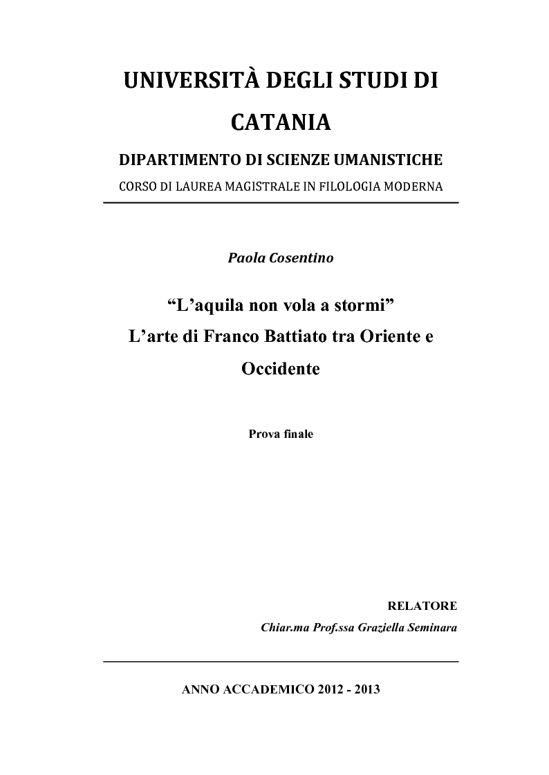 Anteprima della tesi: “L’aquila non vola a stormi” L’arte di Franco Battiato tra Oriente e Occidente, Pagina 1