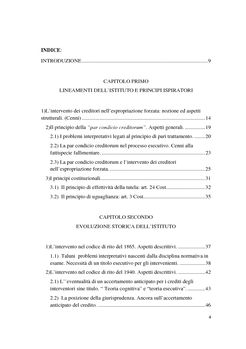 Indice della tesi: Intervento e concorso dei creditori nell'espropriazione forzata, Pagina 1