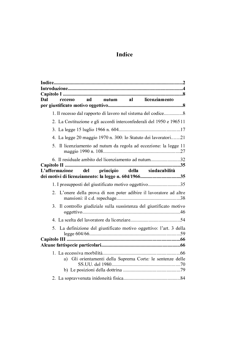 Indice della tesi: Il licenziamento per Giustificato Motivo Oggettivo, Pagina 1