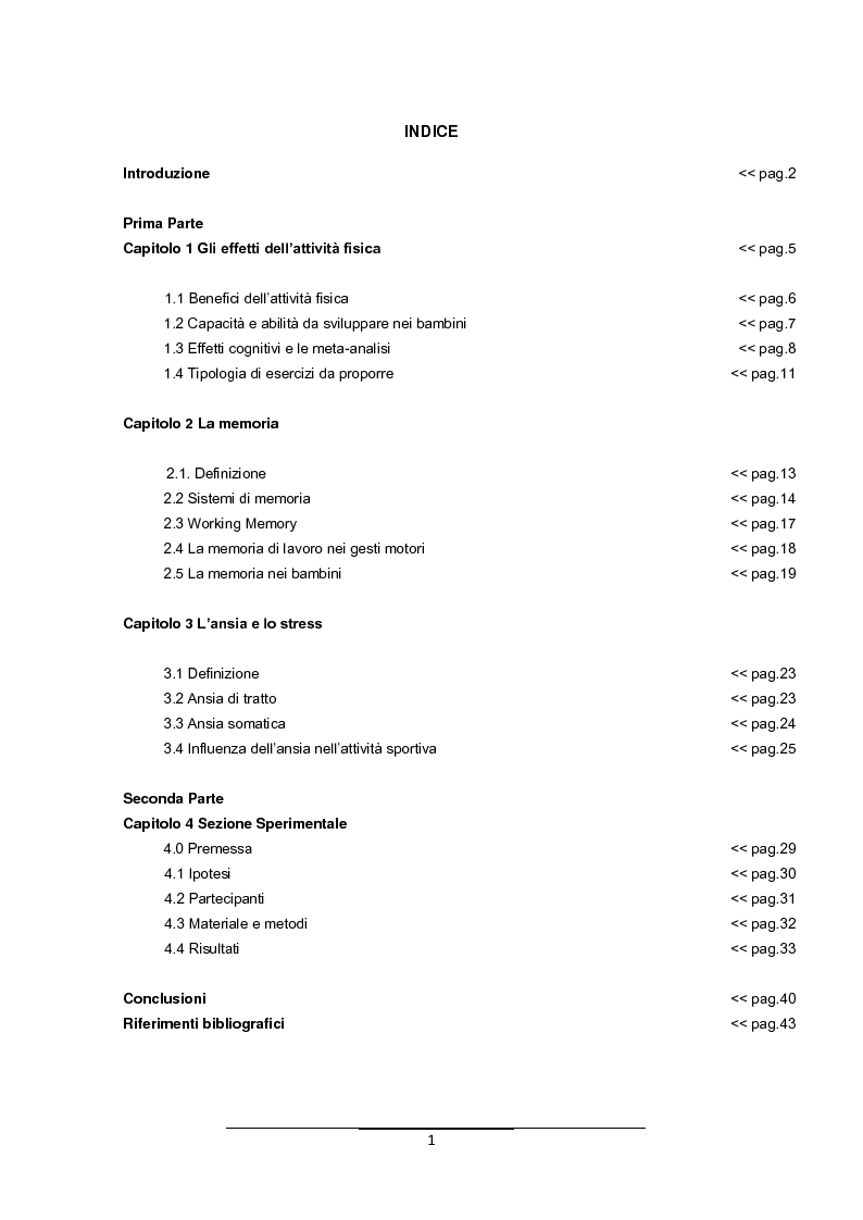Indice della tesi: Effetti del gioco-sport sulla memoria nei giovani, Pagina 1