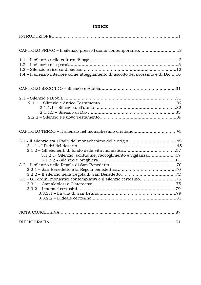 Indice della tesi: Silenzio, strumento di preghiera: dalla Bibbia al mondo monastico, Pagina 1