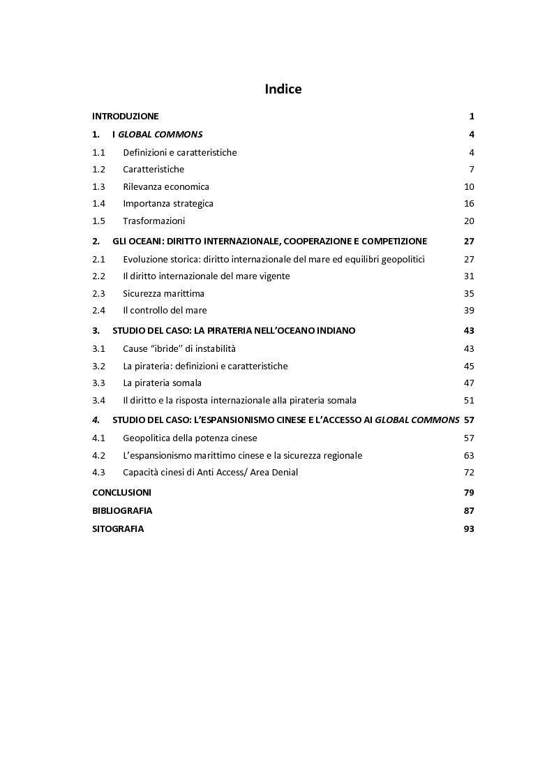 Indice della tesi: Cooperazione e conflitto nel sistema internazionale e regolazione dei global commons, Pagina 1