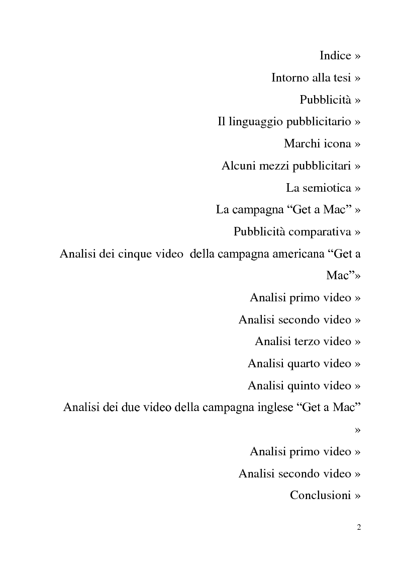Indice della tesi: Analisi semiotica di sette Tv Ads della campagna di pubblicità comparativa 'Get A Mac', Pagina 1