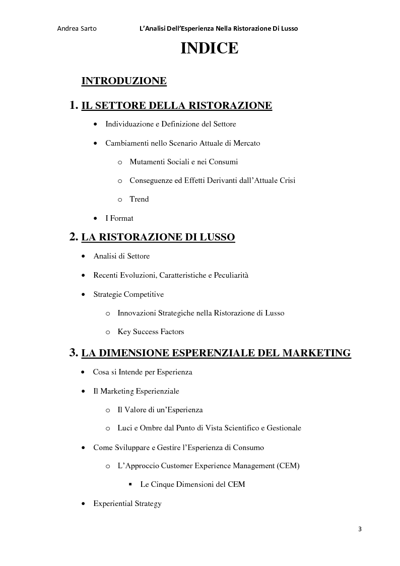 Indice della tesi: L'Analisi dell'Esperienza nella Ristorazione di Lusso, Pagina 1