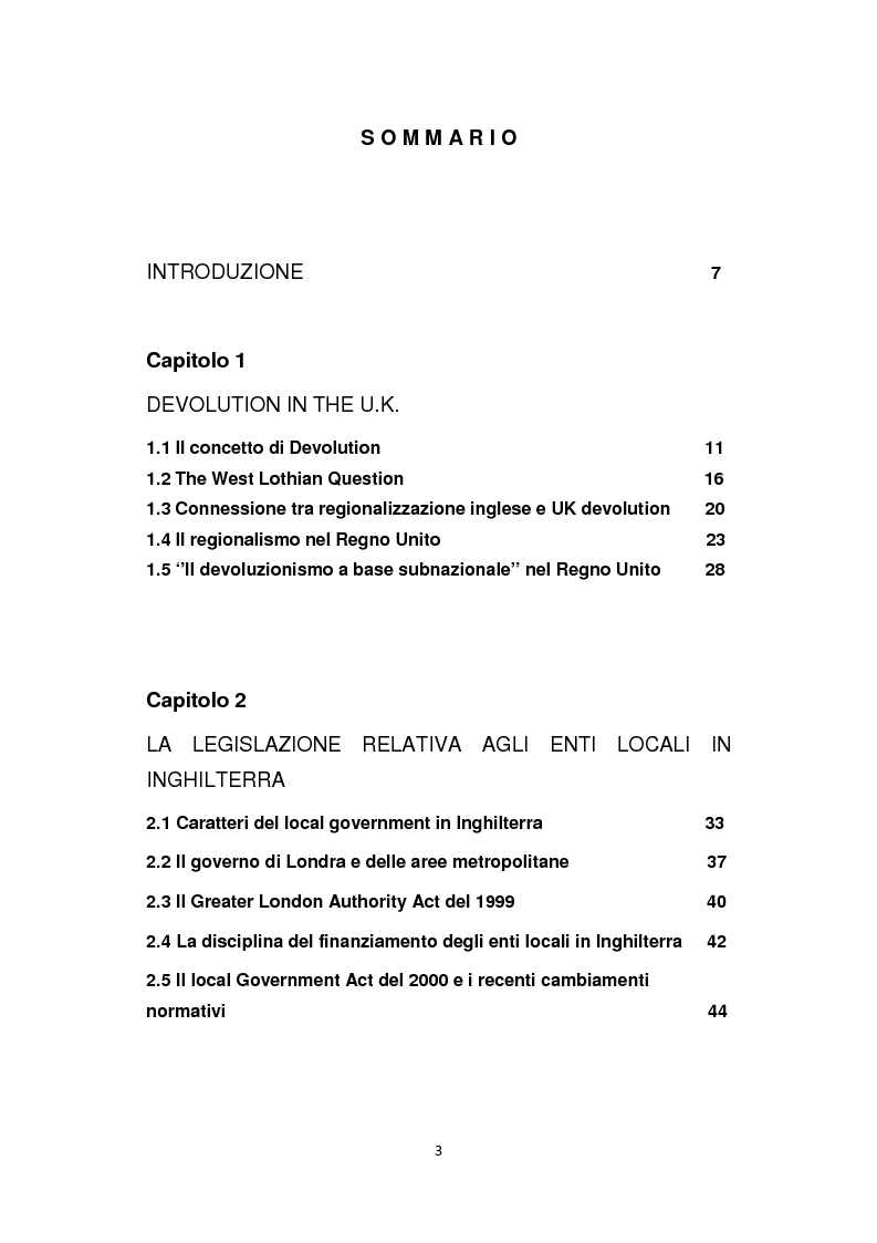 Indice della tesi: Devolution e modelli attuativi in Inghilterra, Pagina 1
